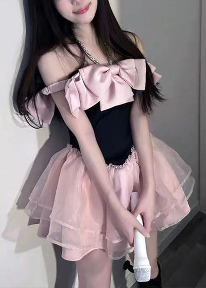 Neuheit Rosa Schleife Zirkon Tüll Patchwork Mid Kleid Sommer