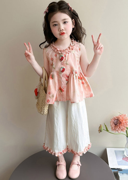 Novelty Pink Ruffled Wrinkled Print Kids Top And Crop Pants Two Piece Set Sleeveless