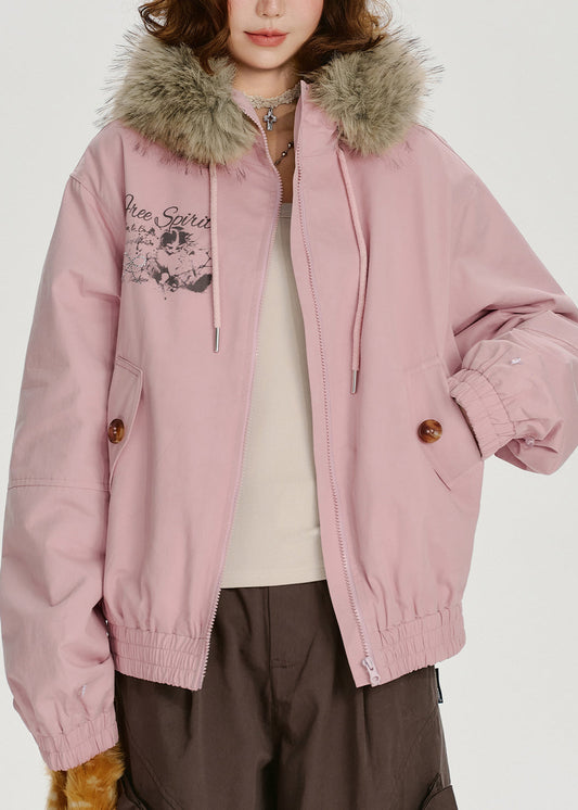 Novelty Pink Zip Up Fur Collar Patchwork Cotton Hooded Jacket Spring