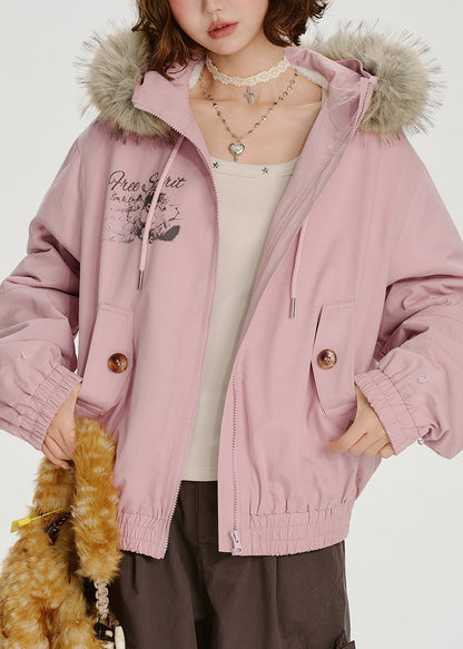 Novelty Pink Zip Up Fur Collar Patchwork Cotton Hooded Jacket Spring