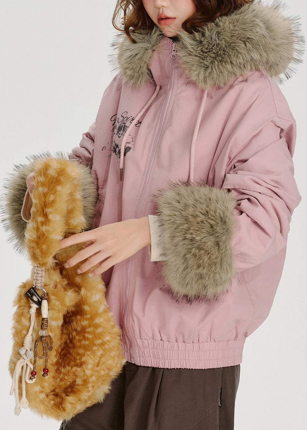Novelty Pink Zip Up Fur Collar Patchwork Cotton Hooded Jacket Spring