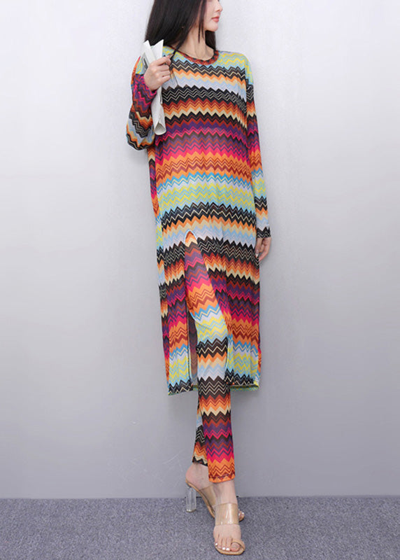 Novelty Rainbow Striped Tulle Long Dress And Pants Two Pieces Set Fall
