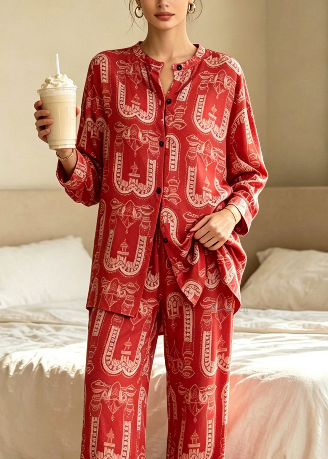 Novelty Red O-Neck Print Pajamas Two Pieces Set Fall