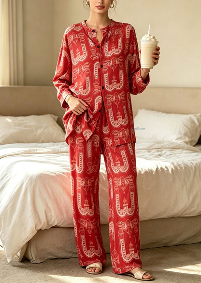 Novelty Red O-Neck Print Pajamas Two Pieces Set Fall