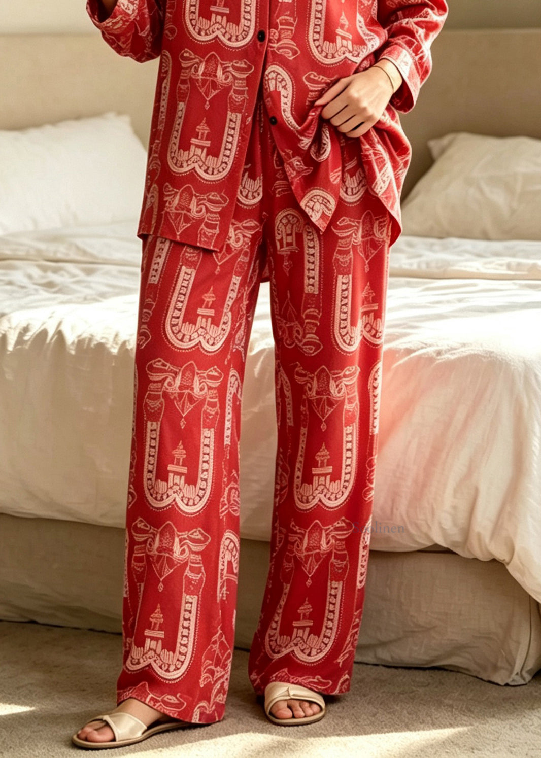 Novelty Red O-Neck Print Pajamas Two Pieces Set Fall