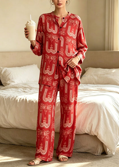 Novelty Red O-Neck Print Pajamas Two Pieces Set Fall