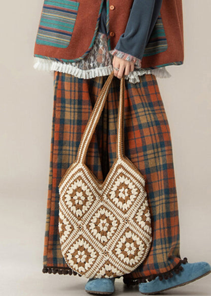 Novelty Red Plaid Pockets Tassel Wide Leg Pants Spring