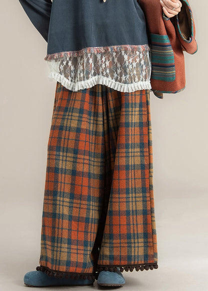 Novelty Red Plaid Pockets Tassel Wide Leg Pants Spring