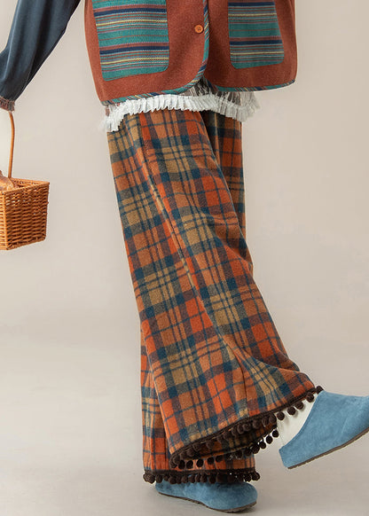 Novelty Red Plaid Pockets Tassel Wide Leg Pants Spring