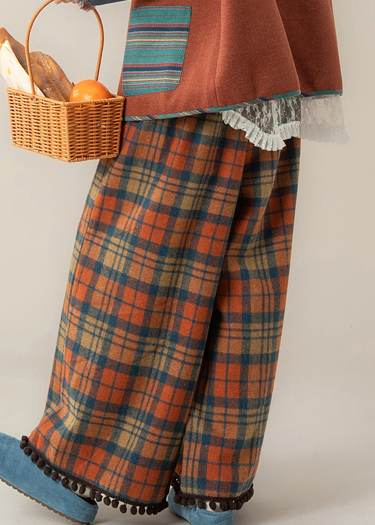 Novelty Red Plaid Pockets Tassel Wide Leg Pants Spring