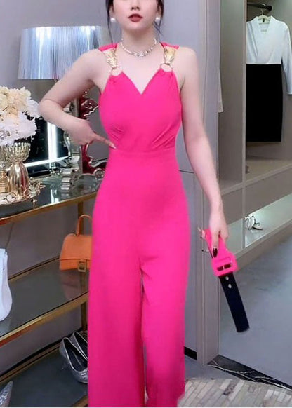 Novelty Rose V-Ausschnitt Einfarbige Baumwolle Jumpsuits Ärmellos