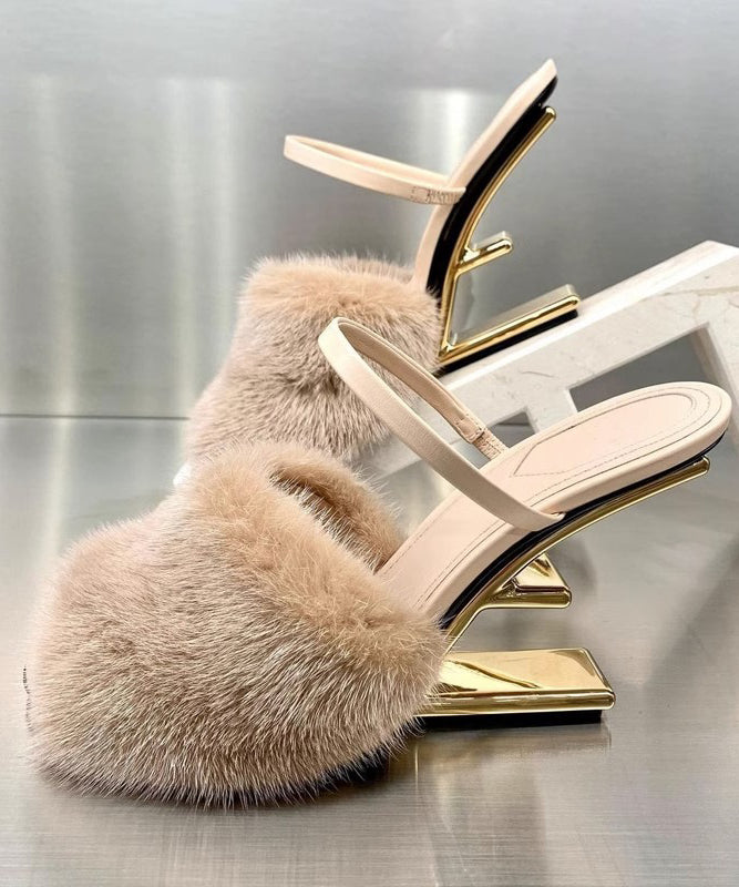 Neuartige, sexy Aprikosen-Nerz-Haarspangen-Sandalen mit Alien-Absatz