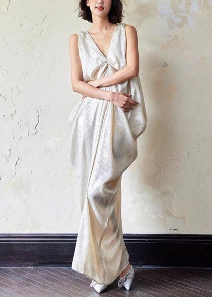 Novelty V Neck Pockets Wrinkled Cotton Maxi Dress Sleeveless