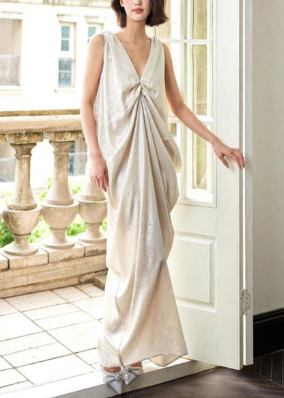 Novelty V Neck Pockets Wrinkled Cotton Maxi Dress Sleeveless