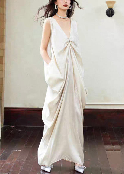 Novelty V Neck Pockets Wrinkled Cotton Maxi Dress Sleeveless