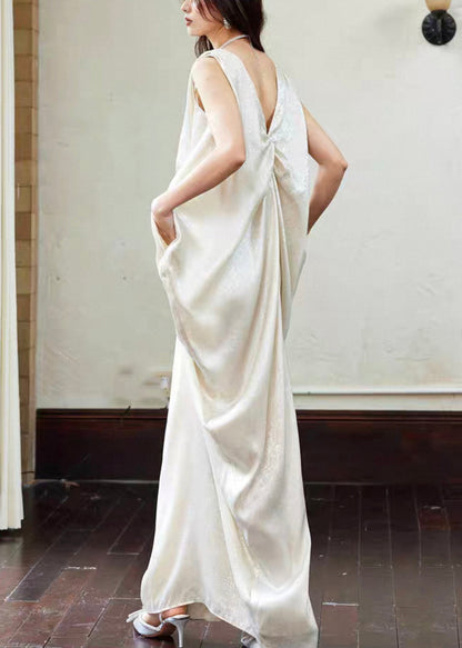 Novelty V Neck Pockets Wrinkled Cotton Maxi Dress Sleeveless