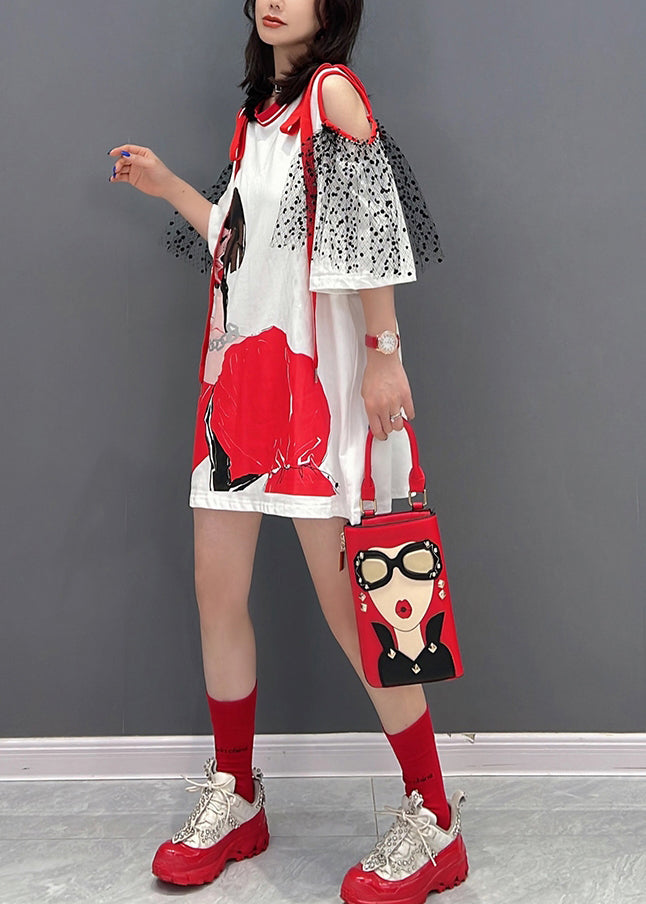 Neuartiges weißes O-Ausschnitt-Tüll-Patchwork-Belle-Mittelkleid mit halben Ärmeln