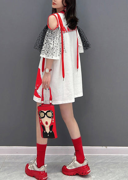 Neuartiges weißes O-Ausschnitt-Tüll-Patchwork-Belle-Mittelkleid mit halben Ärmeln