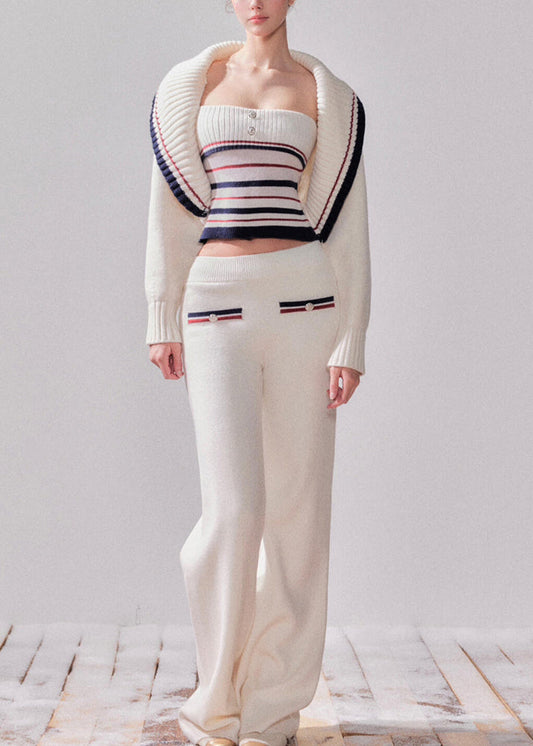 Conjunto de dos piezas de cárdigan, top y pantalón recto de punto de algodón con rayas blancas de novedad para primavera.
