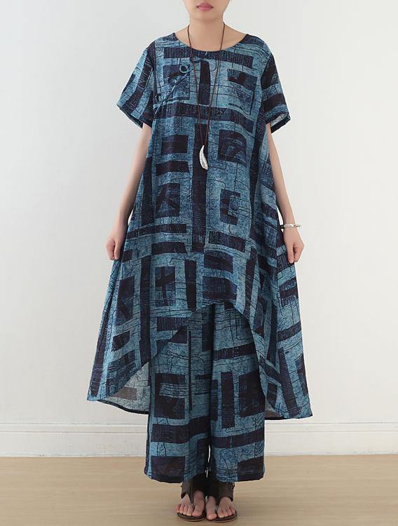 gray prints casual Chiffon two pieces side open tops and elastic waist wide leg pants - SooLinen