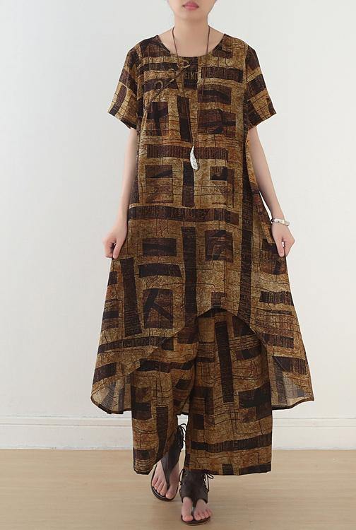 gray prints casual Chiffon two pieces side open tops and elastic waist wide leg pants - SooLinen