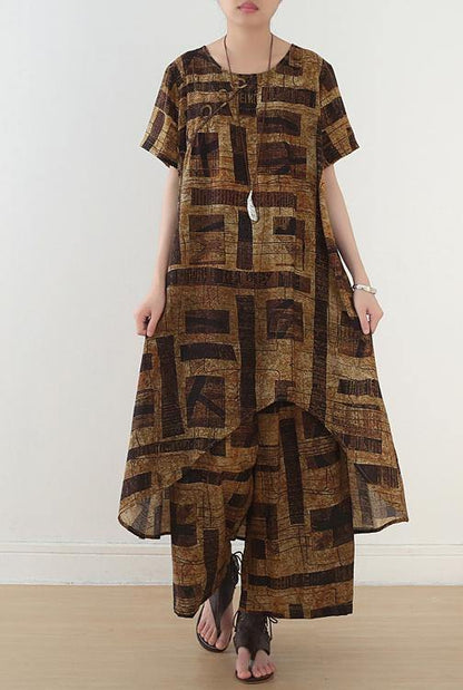 gray prints casual Chiffon two pieces side open tops and elastic waist wide leg pants - SooLinen