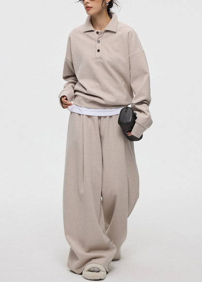 Oatmeal Button Tops And Wide Leg Pants Cashmere Two Pieces Set Peter Pan Collar