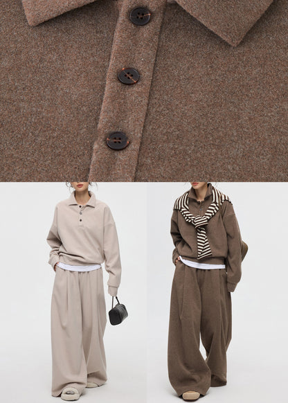 Oatmeal Button Tops And Wide Leg Pants Cashmere Two Pieces Set Peter Pan Collar