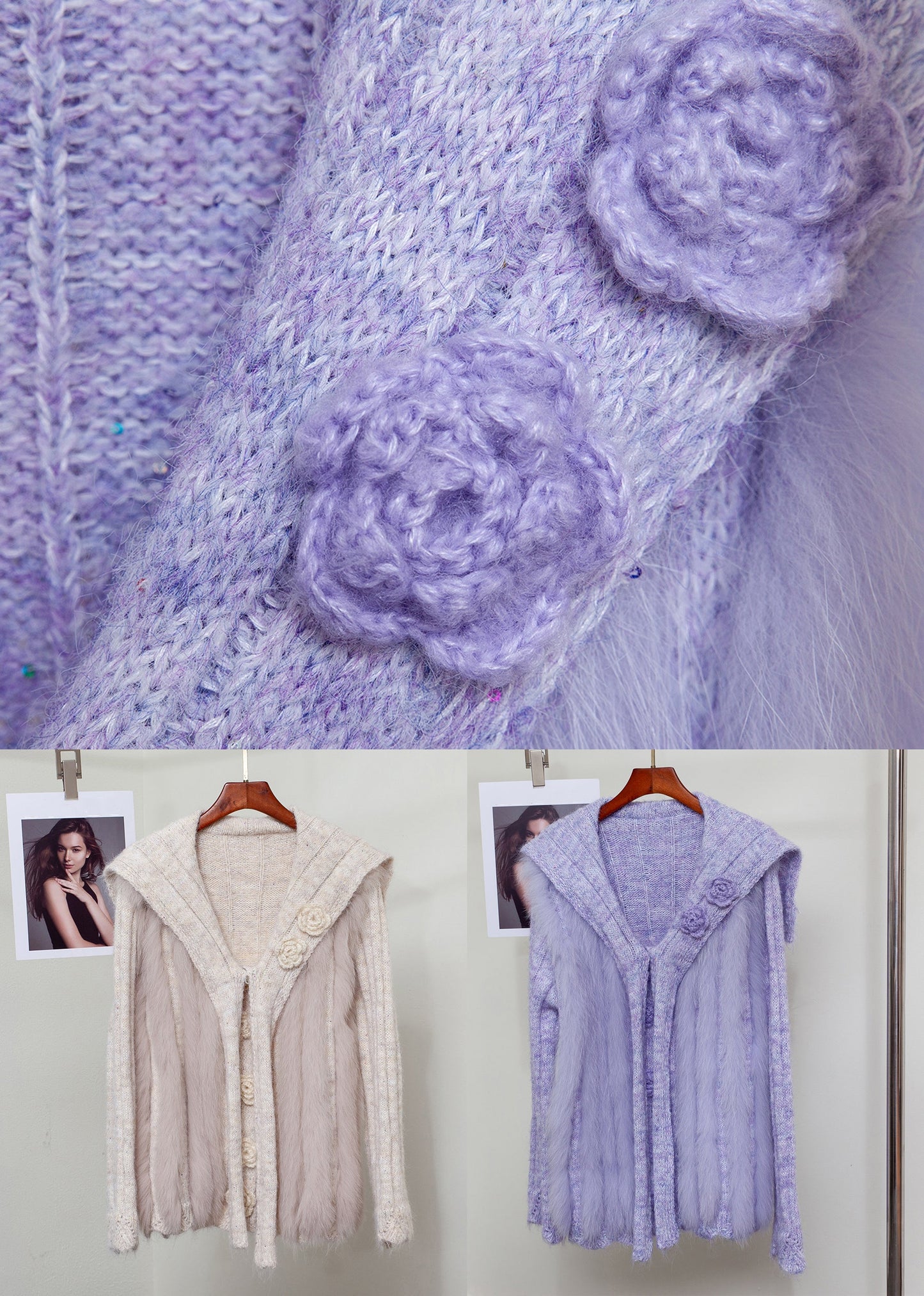 Suéteres de invierno de punto con patchwork floral de avena y piel de zorro