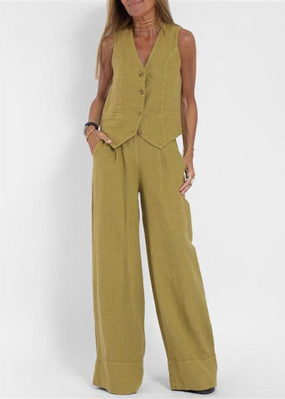 Olive Green Pockets Solid Linen Two Pieces Set V Neck Summer