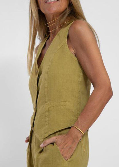 Olive Green Pockets Solid Linen Two Pieces Set V Neck Summer