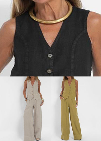 Olive Green Pockets Solid Linen Two Pieces Set V Neck Summer
