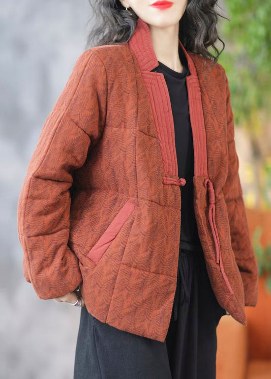 Orange Chinese Button Print Fine Cotton Coats V Neck