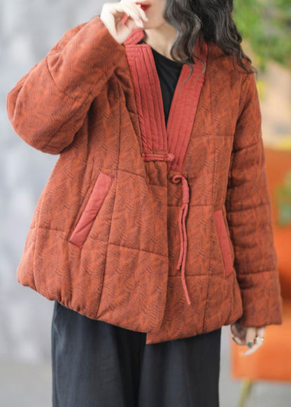 Orange Chinese Button Print Fine Cotton Coats V Neck