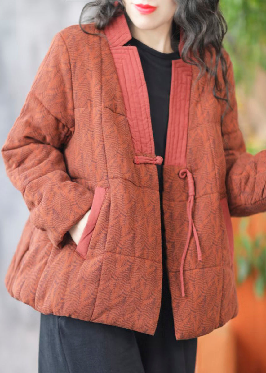 Orange Chinese Button Print Fine Cotton Coats V Neck