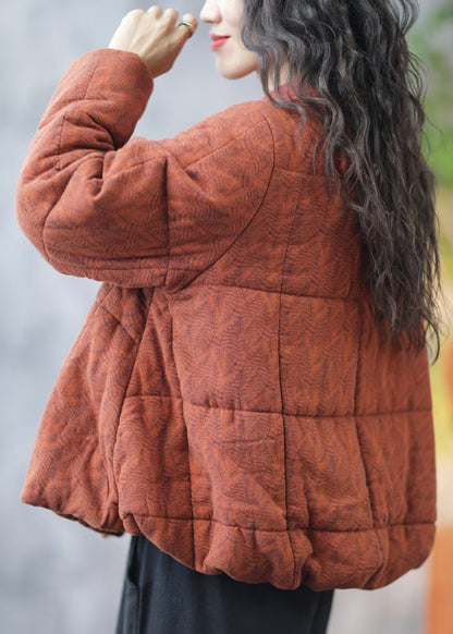 Orange Chinese Button Print Fine Cotton Coats V Neck