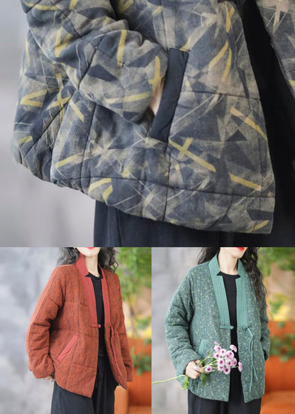 Orange Chinese Button Print Fine Cotton Coats V Neck