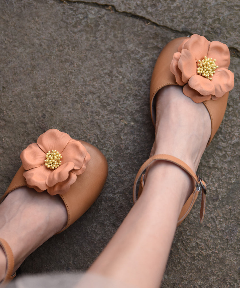 Orange Flat Sandals Cowhide Leather Comfy Splicing Floral