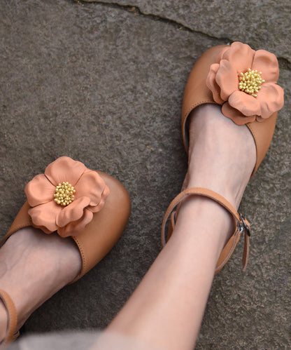 Orange Flat Sandals Cowhide Leather Comfy Splicing Floral