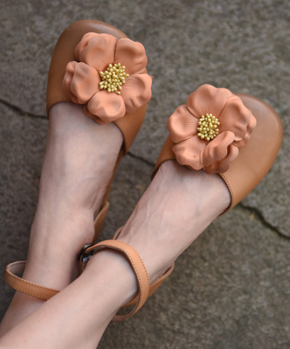 Orange Flat Sandals Cowhide Leather Comfy Splicing Floral