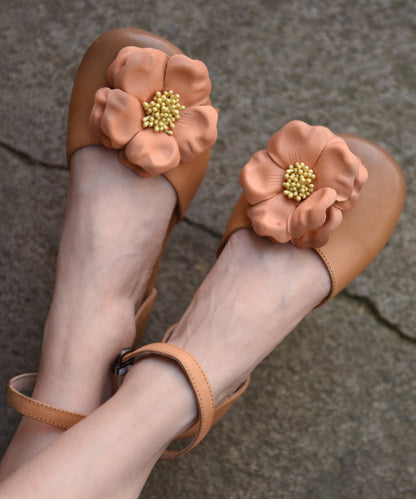 Orange Flat Sandals Cowhide Leather Comfy Splicing Floral