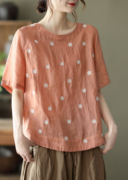 Orangefarbene Bluse aus Leinen mit Blumenstickerei, kurzärmelig