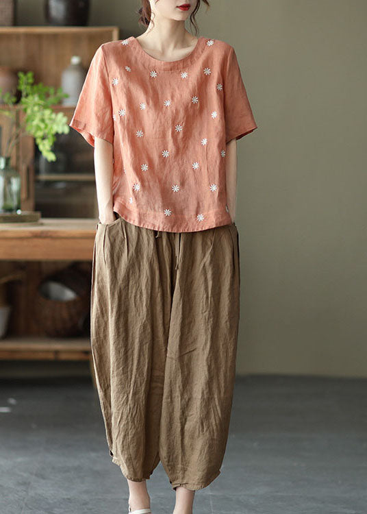 Orangefarbene Bluse aus Leinen mit Blumenstickerei, kurzärmelig