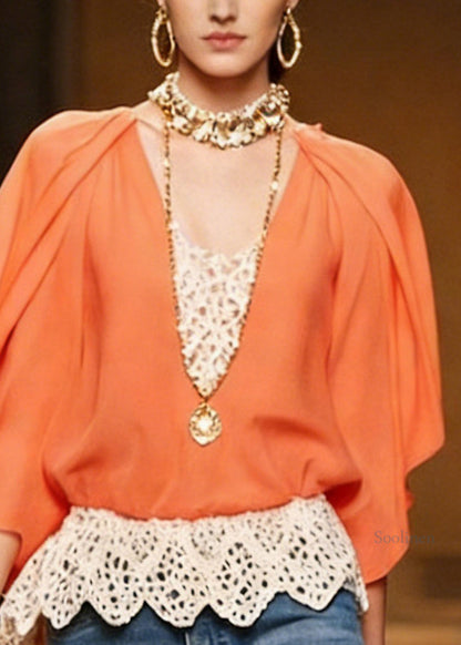 Orange Lace Patchwork Chiffon Blouse V Neck Bracelet Sleeve