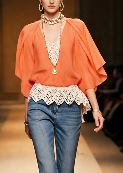 Orange Lace Patchwork Chiffon Blouse V Neck Bracelet Sleeve