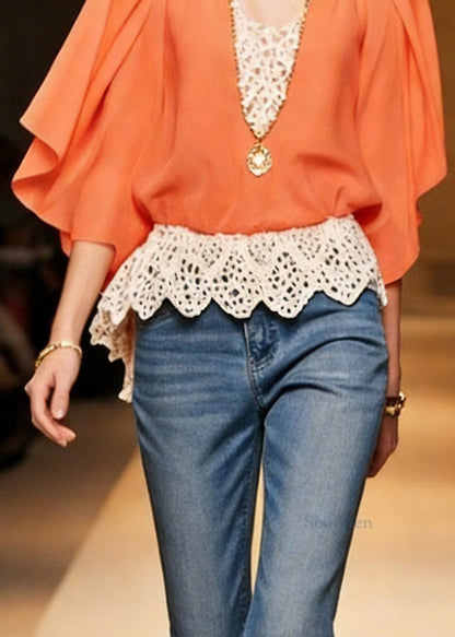 Orange Lace Patchwork Chiffon Blouse V Neck Bracelet Sleeve