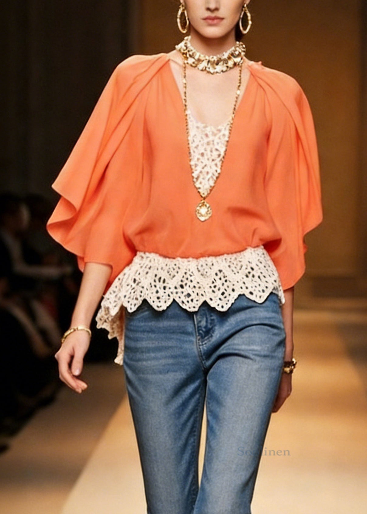 Orange Lace Patchwork Chiffon Blouse V Neck Bracelet Sleeve