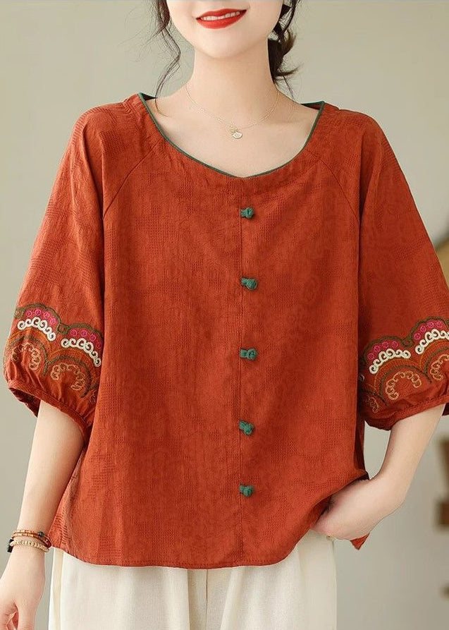 Orange O-Neck Button Loose Top Summer