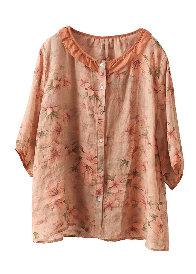 Oranges Ramie-Hemd mit O-Ausschnitt und Knöpfen für den Sommer