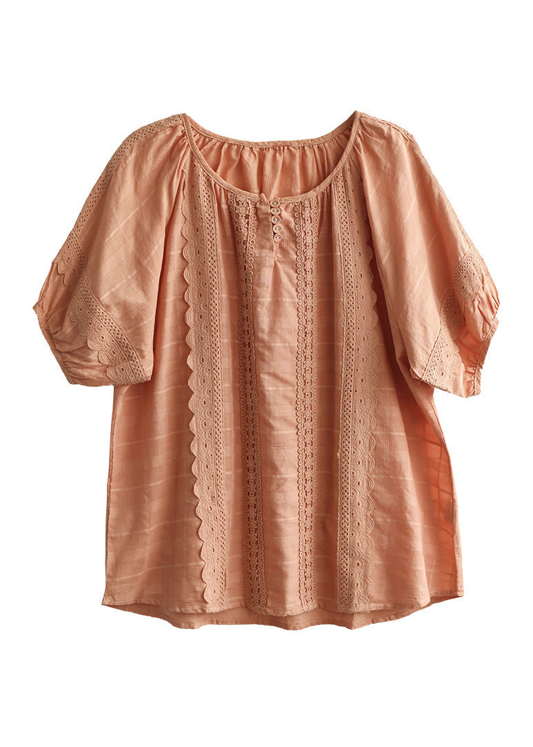 Top naranja de algodón liso con cuello redondo y botones para verano